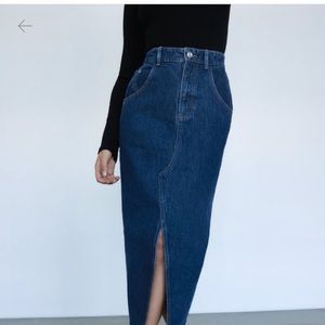 NEW-Denim high waisted midi skirt with slit